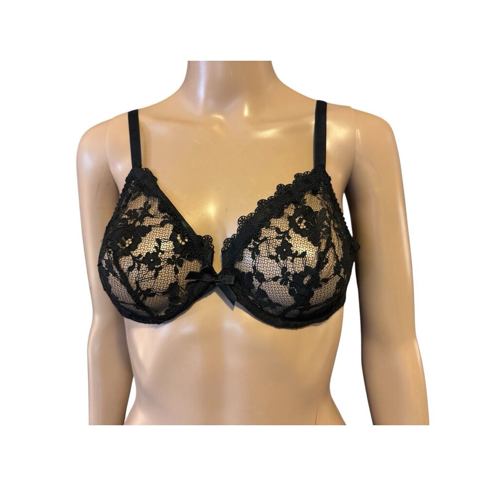 VTG Lejaby Black Lace Sheer Underwire Bra 36B Excellent Condition